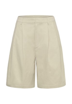 Beige op taille gesneden korte broek met riemlussen, voorpanden met naden en een gladde, egale stoftextuur.