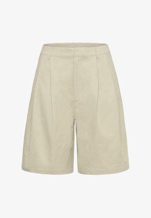 Beige op taille gesneden korte broek met riemlussen, voorpanden met naden en een gladde, egale stoftextuur.