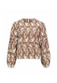 Bruine blouse met witte bloemembroidery, lange gezwollen mouwen, ronde halslijn en een opening met sleutelgat aan de achterkant. Getextureerde stof met een zachte afwerking.