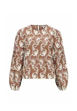Blouse marron avec broderie florale blanche, manches longues bouffantes, col rond et ouverture en clé à l'arrière. Tissu texturé avec une finition douce.