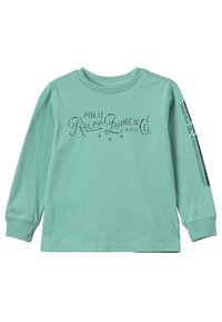 Mikina s dlouhým rukávem v mentolové barvě vyrobená z bavlny, na přední straně s potiskem "POLO RALPH LAUREN AND CO." a designem na rukávu.