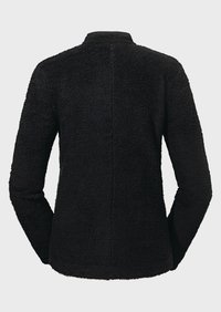 Schwarze Fleecejacke mit einer strukturierten, plüschigen Oberfläche. Verfügt über einen hohen Kragen, lange Ärmel und ein einfaches, minimalistisches Design.