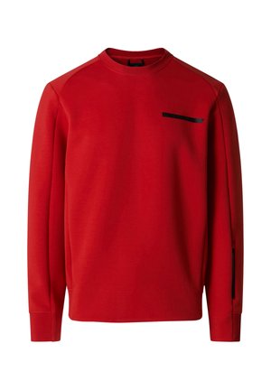 Felpa rossa a maniche lunghe con scollo rotondo, striscia nera orizzontale con logo sul petto e dettaglio di tasca con zip sulla manica sinistra.