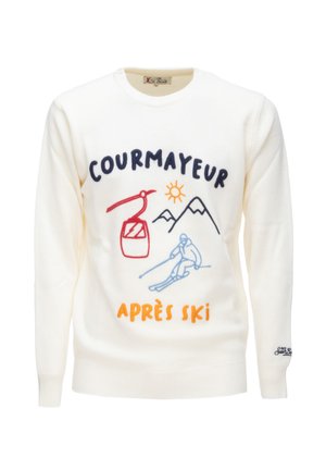 Maglione crema con scollo rotondo caratterizzato da colorati ricami: una seggiovia, montagne, uno sciatore e il testo "COURMAYEUR APRÈS SKI".