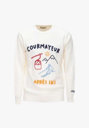 Maglione crema con scollo rotondo caratterizzato da colorati ricami: una seggiovia, montagne, uno sciatore e il testo "COURMAYEUR APRÈS SKI".