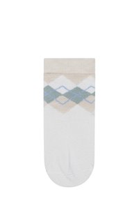 White ankle sock with beige, green, and blue diamond-shaped argyle pattern near the cuff.