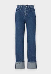Blue denim jeans with a high waist, straight leg, cuffed hems featuring a contrasting lighter blue fabric and embroidered detail on the cuffs.