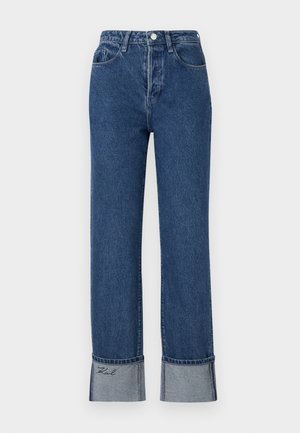Blauwe spijkerbroek met een hoge taille, rechte pijpen, opgerolde zoom met een contrasterende lichtblauwe stof en geborduurde details op de zomen.