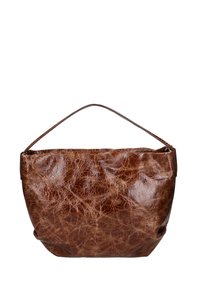 Borsa a mano in pelle marrone con superficie texturizzata, forma rotonda e un unico manico superiore per il trasporto. Finitura liscia con dettagli di pieghe sottili.