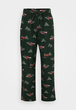 Green pajama pants featuring a repeating pattern of red cars and pine trees, made of soft fabric with an elastic waistband and drawstring.