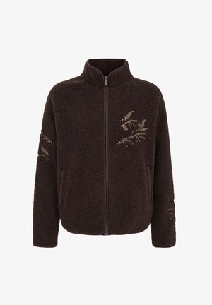 Veste en polaire marron foncé avec fermeture éclair complète, col montant, poches latérales et motifs de feuilles beiges sur la poitrine et les manches.