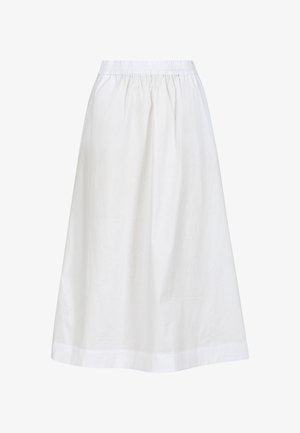 Jupe midi blanche avec taille élastique et plis souples, faite de tissu léger, présentée sur un fond uni.