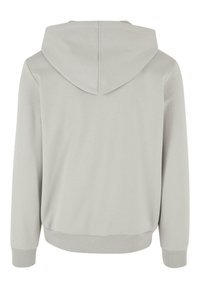 Sweat-shirt à capuche gris clair avec manches longues, poignets côtelés et ceinture côtelée, vu de dos sur fond blanc.
