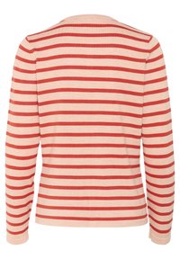 Pitkähihainen paita vaaleassa beigeissä, jossa on punaisia vaakaraitoja. Pehmeää puuvillamateriaalia, pyöreä kaula-aukko ja istuva muotoilu joustinsuojein.