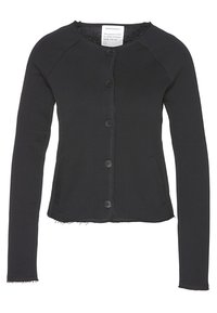 Black cardigan made of soft cotton blend, features a round neckline, front button closure, and two side pockets with raw hem details.
