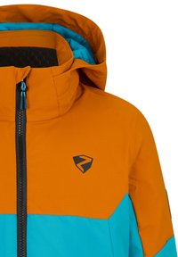Wasserfeste Jacke mit einem orangefarbenen oberen Abschnitt und einem türkisfarbenen unteren Abschnitt. Verfügt über einen reißverschlussfront und eine Kapuze mit einem schwarzen Futter.