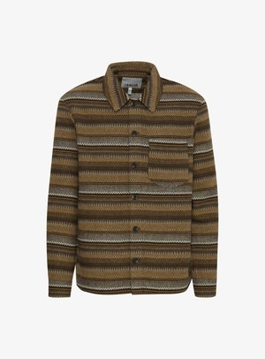 Brown patterned shirt with a collar, featuring horizontal stripes in shades of brown, cream, and gray. Includes a chest pocket and buttons.