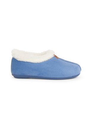 Blauwe instapsloffen van zacht materiaal met een fluffy witte faux fur voering en een rubberen zool, voorzien van decoratieve stiksels en een logo-accent.