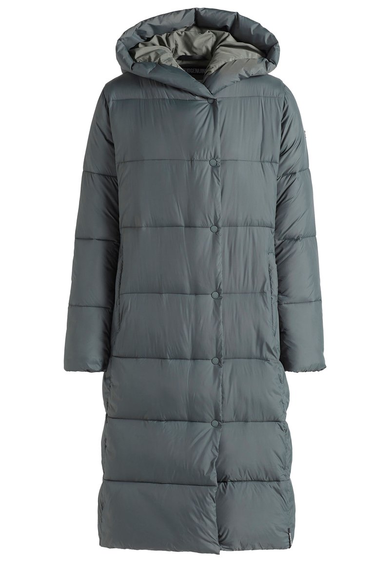 Langer, dunkelgrauer gepolsterter Wintermantel mit Kapuze und Druckknopfverschluss, entworfen für vollständigen Schutz und Wärme.