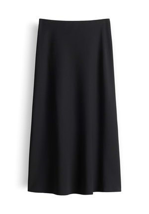 Gonna midi a linea A nera con una texture liscia, mostrata stesa su uno sfondo bianco.