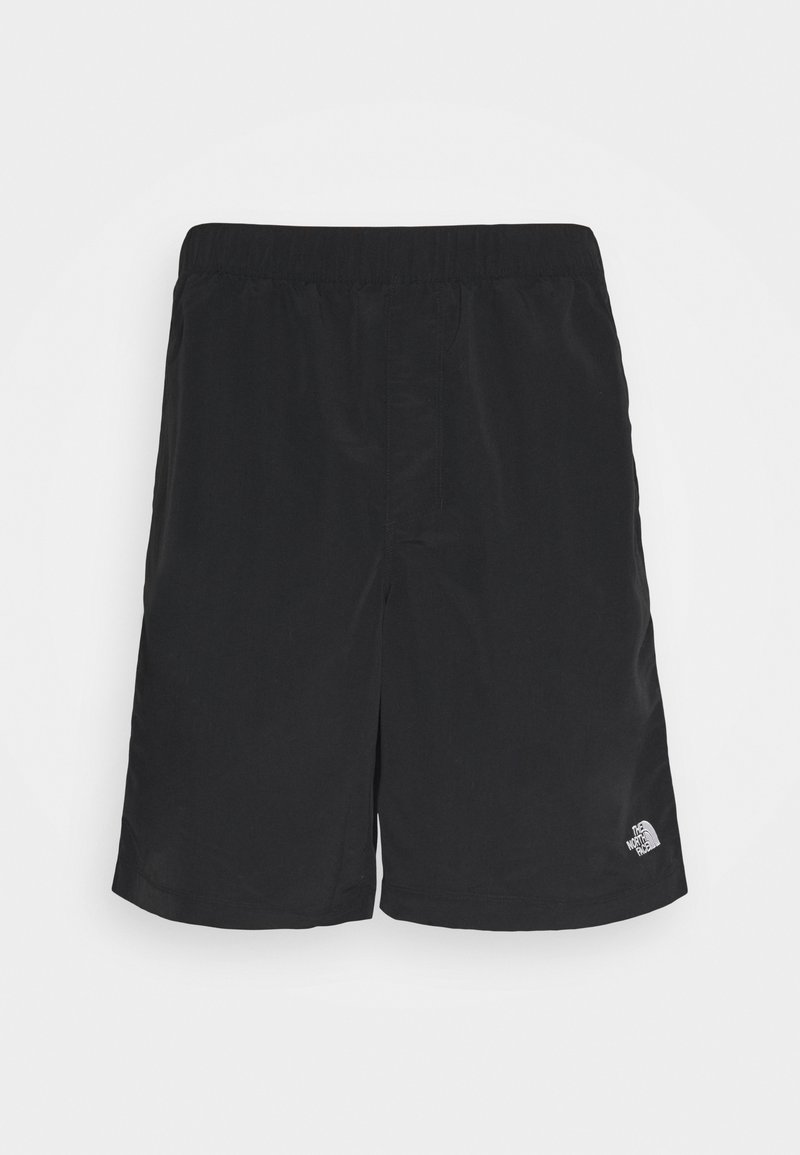 Pantaloni da bagno neri con vita elasticizzata, realizzati in tessuto leggero. Presentano un piccolo logo bianco sul lato inferiore destro.