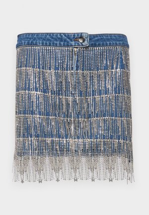 Denim mini skirt with silver sequin embellishments, featuring horizontal striped patterns, a button closure, and a fringed hem.