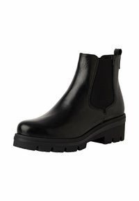 Stivale da caviglia in pelle nera con pannelli laterali elastici, punta rotonda e suola in gomma spessa con profonde scanalature. Linguetta sul tallone.
