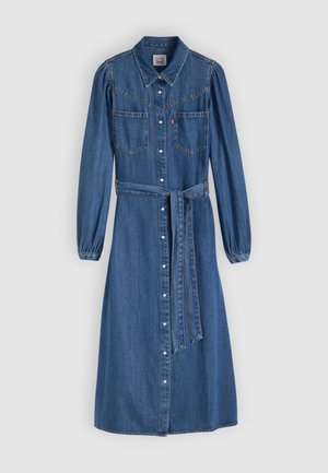 Jeanskleid mit Kragen, langen Puffärmeln, Knopfleiste vorne, zwei Brusttaschen, Taillengürtel und knielangem Schnitt in Dunkelblau.