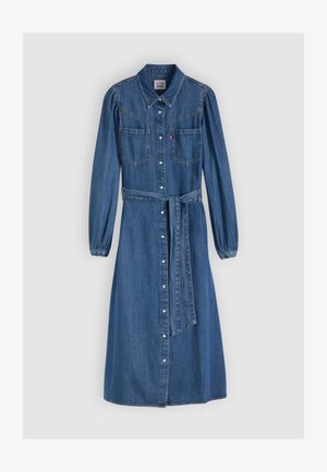 Vestido de mezclilla con cuello de solapa, mangas largas abullonadas, cierre de botones en la parte delantera, dos bolsillos en el pecho, cinturón en la cintura y largo hasta la rodilla en azul oscuro.