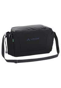 Borsa a tracolla nera con superficie superiore lucida, realizzata in tessuto resistente, con un lato a motivo diagonale, tracolla regolabile e logo VAUDE.