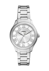 Montre en acier inoxydable argentée avec un cadran rond, mouvement à quartz, chiffres romains et un fini poli sur le cadran et le bracelet.