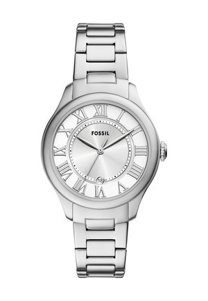 Montre en acier inoxydable argentée avec un cadran rond, mouvement à quartz, chiffres romains et un fini poli sur le cadran et le bracelet.