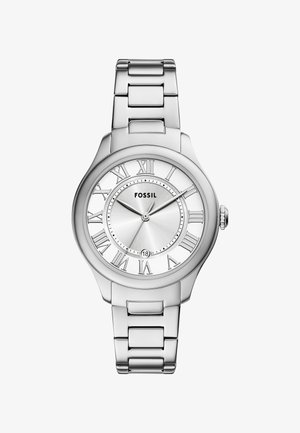 Reloj de acero inoxidable plateado con una esfera redonda, movimiento de cuarzo, números romanos y un acabado pulido en la esfera y la pulsera.