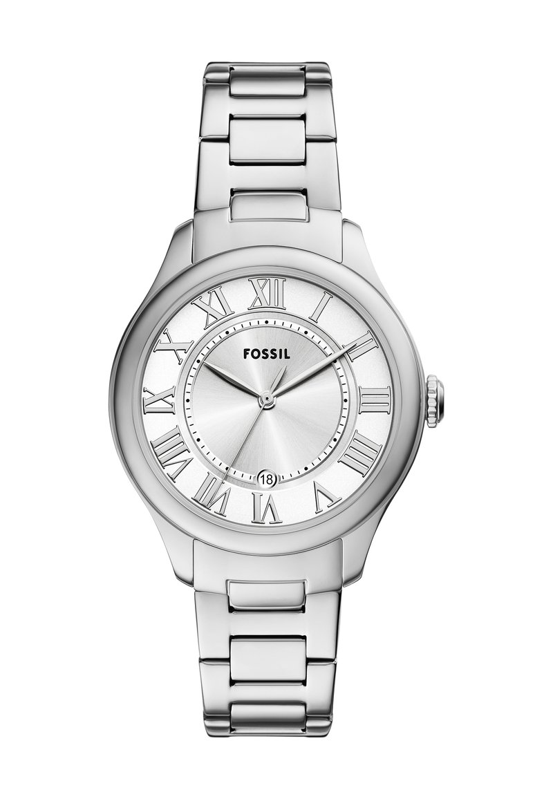 Montre en acier inoxydable argentée avec un cadran rond, mouvement à quartz, chiffres romains et un fini poli sur le cadran et le bracelet.