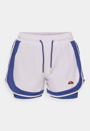 Lichtpaarse shorts met donkerblauwe zijaccenten en een elastische tailleband. Kenmerkt zich door contrasterende stiksels en een klein, meerkleurig logo.