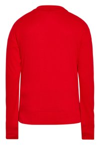 Maglione rosso a maniche lunghe con scollo rotondo, realizzato in tessuto morbido. Presenta polsini e orlo a costine, una texture liscia e un design semplice.