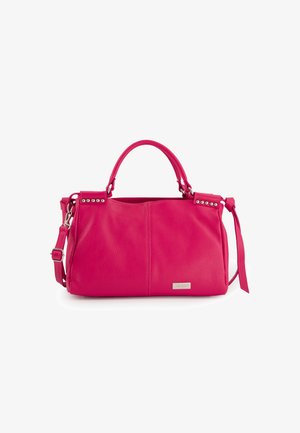 Pink leather handbag with a textured finish. Features dual handles, a detachable shoulder strap, and decorative studs on one side.
