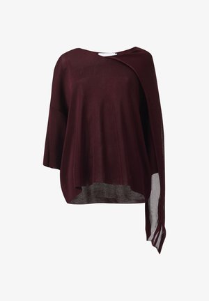 Top en tricot bordeaux avec un col rond, des manches trois-quarts larges et un ourlet asymétrique. Caractérisé par une texture légère.
