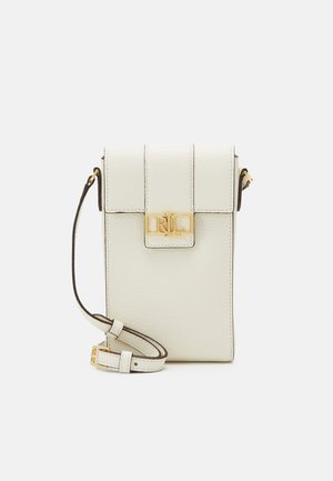 Small white textured leather crossbody bag with adjustable strap and gold-tone RL logo clasp on front flap.