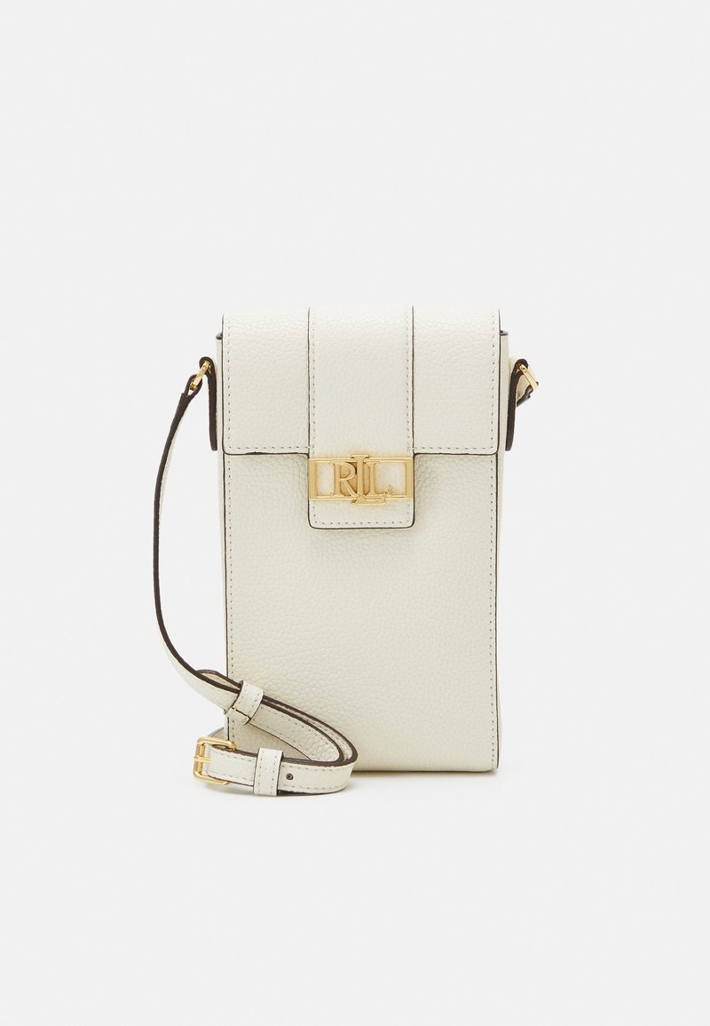 Small white textured leather crossbody bag with adjustable strap and gold-tone RL logo clasp on front flap.