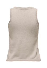 Top sans manches en tricot beige avec une texture douce, présentant un col rond et des bords côtelés aux emmanchures et à l'ourlet.