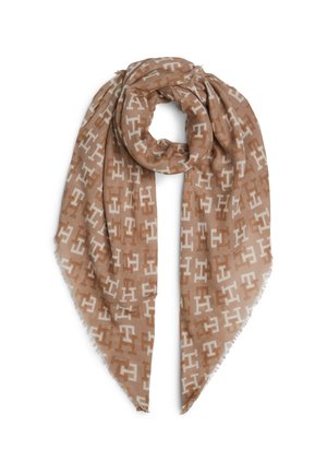 Light brown scarf with repeated white and darker brown "H" pattern, loosely folded with frayed edges, displayed on white background.