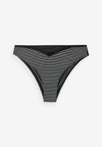 Svartvit randig bikinitrosa med V-formad front, med en slät textur och elastisk midja för komfort.