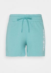 Vihreä urheilu shortsit, joissa on joustava vyötärö, nauhakuja ja valkoinen "adidas"-logo vasemmalla puolella. Pehmeä kangas, rento muotoilu.