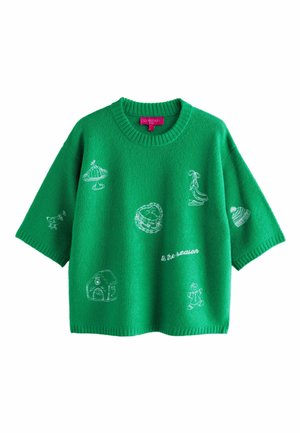 Green knitted sweater featuring short sleeves, a crew neck, and white embroidered designs, including festive elements and text.