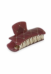 Fermaglio per capelli color marrone scuro realizzato in plastica lucida, con un design accentuato in oro, piccoli gioielli e una forma strutturata per una presa sicura.