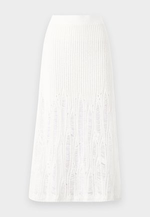 Jupe midi en tricot blanche présentant un motif texturé avec des lignes verticales et des découpes près de l'ourlet. Taille élastique. Matériau doux.