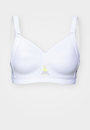 Witte bh van een glad, rekbaar materiaal, met verstelbare bandjes en een racerback ontwerp met een subtiele gele accent in het midden.