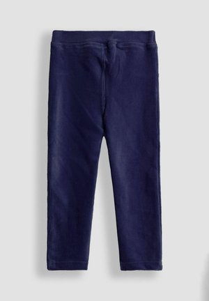 Navy corduroy-housut, joissa on pehmeä pinta, joustava vyötärö ja suora lahjesuunnittelu, sekä sileä viimeistely ja minimaalinen yksityiskohtaisuus.