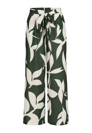 Flowy wide-leg pants in dark green with a large white leaf pattern. Features an elastic waistband and a matching tie belt.